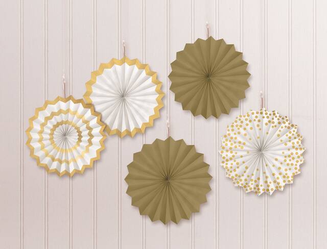 Fan Hanging Sign Decorations, Gold/White, 7-in, 5-pk, for Graduation/Wedding/Birthday Front_Flat