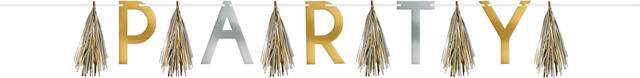 "Party" Hanging Tassel Garland Banner Decoration, Gold/Silver, 10-ft, for Birthday/Graduation/Wedding Front_Flat