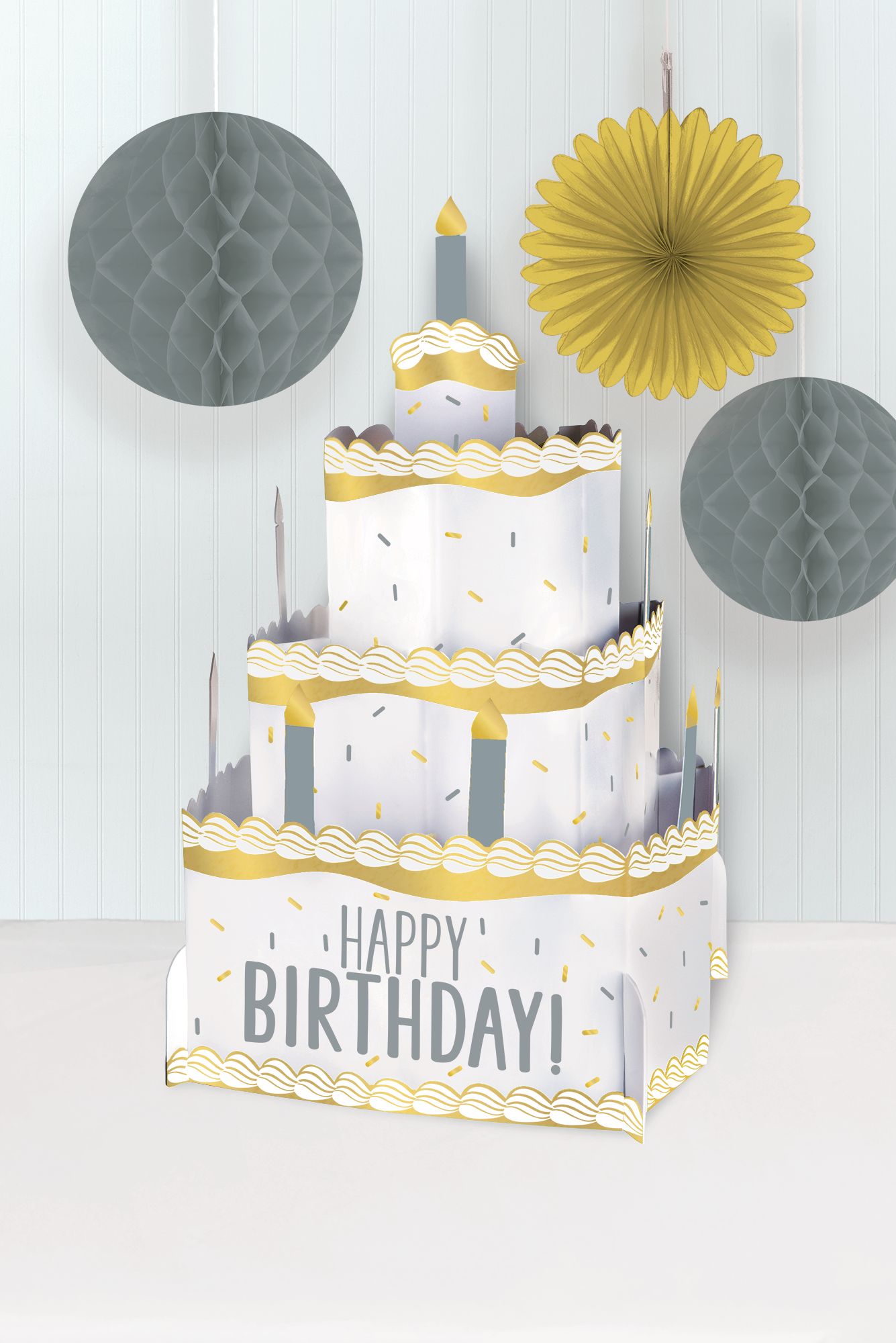 Gold & Silver Birthday Cake Pop-Up Centrepiece, 10-in Composite_or_Mixed