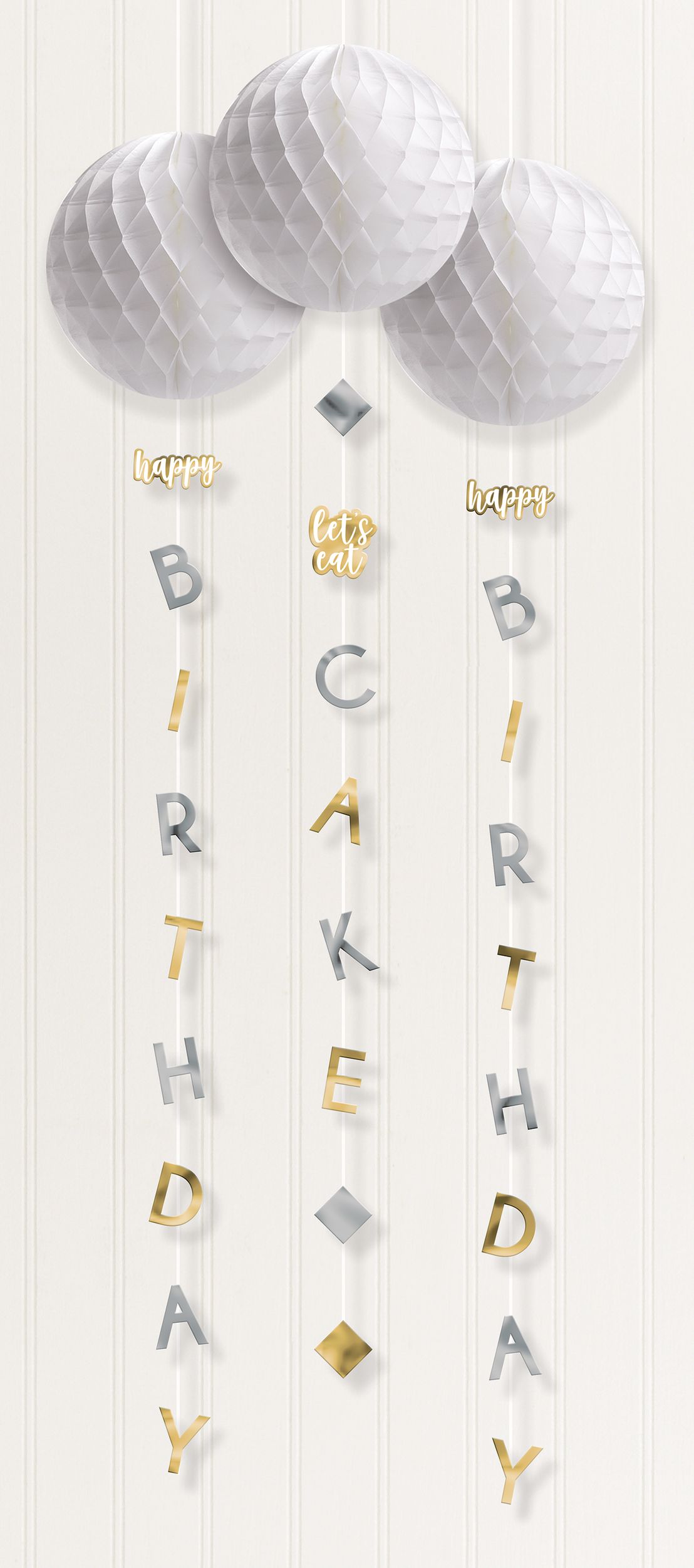 "Happy Birthday" Honeycomb Hanging Decorations with Tails, Gold/Silver, 4-ft, 3-pk, for Birthday Party Composite_or_Mixed