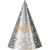 Chapeaux de fête métalliques en forme de cône Happy Birthday, pois argentés et dorés, taille unique, paq. 12, accessoires à porter pour anniversaires Front_Flat