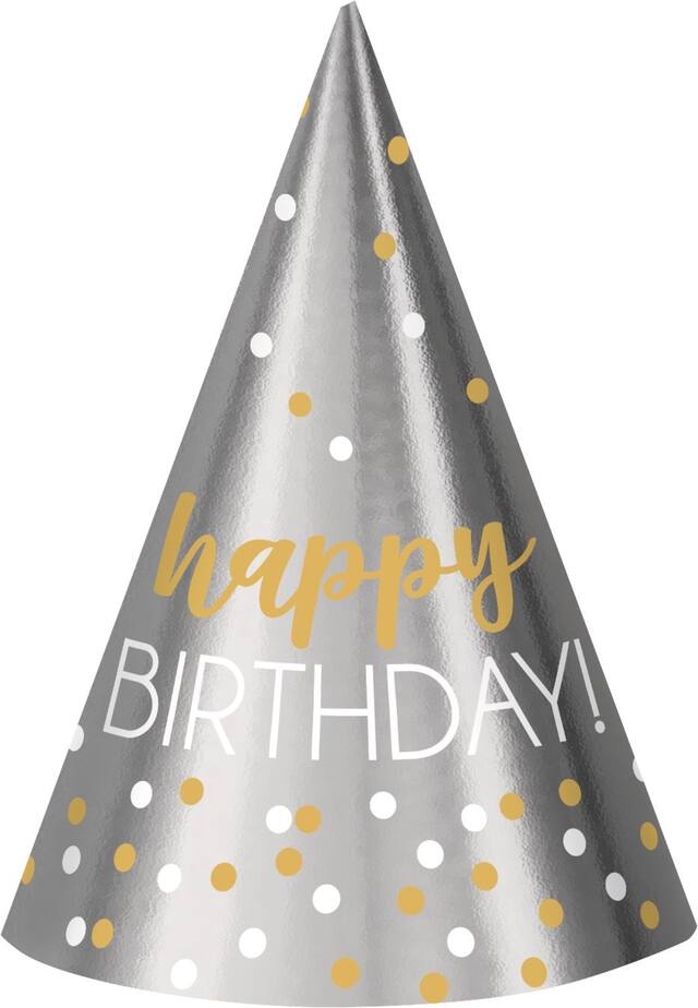 "Happy Birthday" Metallic Cone Party Hats, Silver/Gold Polka Dots, One Size, 12-pk, Wearable Accessories for Birthdays Front_Flat