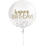 Ballon rond en latex Happy Birthday, transparent, confettis or et argent, 24 po, pour anniversaire Front_Flat