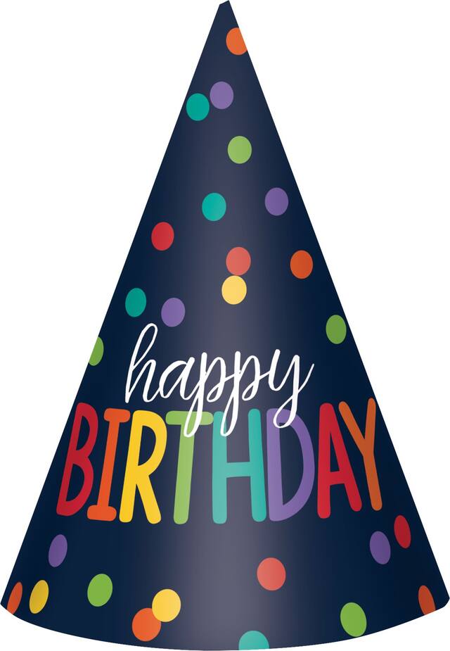 Chapeaux de fête Happy Birthday, une raison de célébrer, accessoires à porter pour anniversaires, taille unique, paq. 12, pois bleu marin et arc-en-ciel Front_Flat