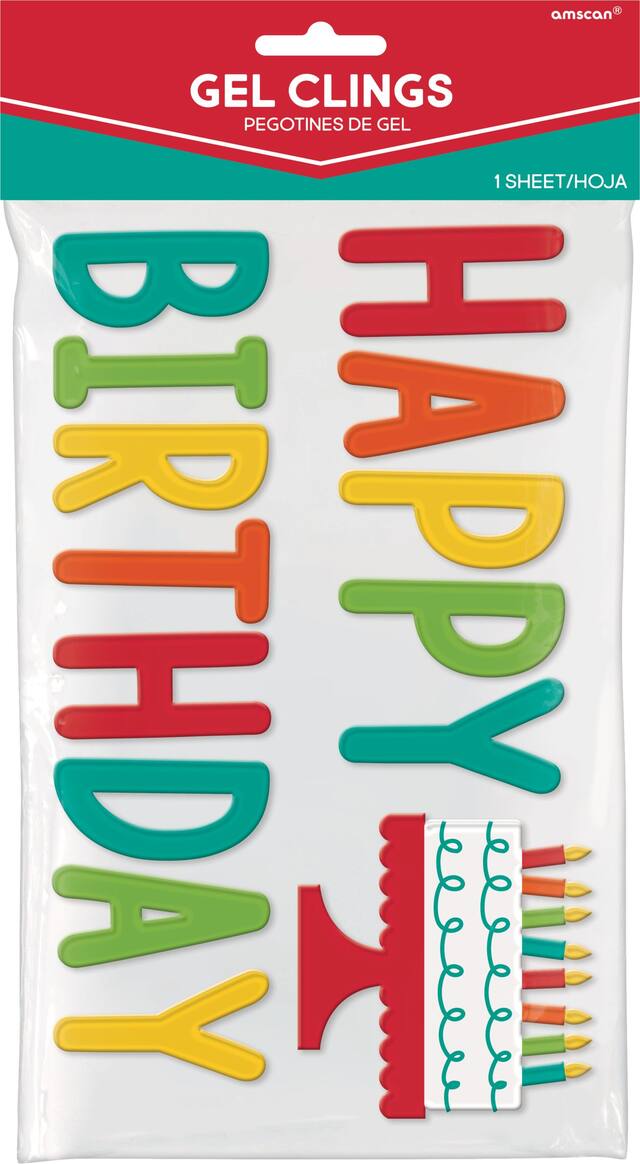 "Happy Birthday" Wall & Window Gel Cling Decal Decorations, Multi-Coloured, 2-in, 14-pk, for Birthday Party Front_Flat