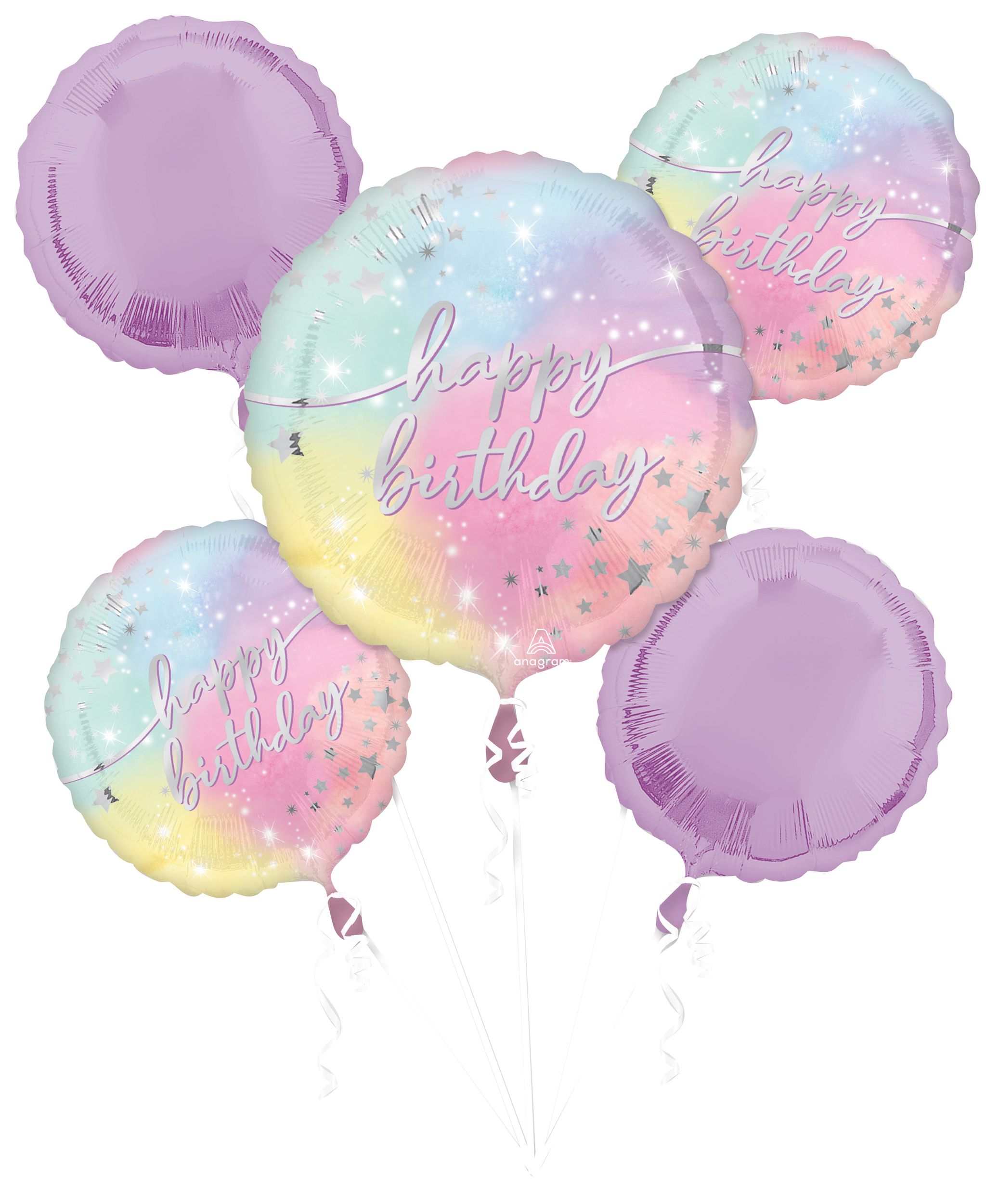 Luminous "Happy Birthday" Round Satin Foil Balloon Bouquet, Purple, 5-pk, Helium Inflation & Ribbon Included for Birthday Party Front_Flat