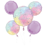 Bouquets de ballons en aluminium satiné rond lumineux Happy Birthday, mauve, paq. 5, gonflement à l'hélium et ruban inclus, pour fête d'anniversaire Front_Flat