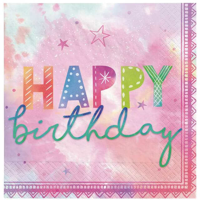 Festival Vibes "Happy Birthday" Square Paper Disposable Lunch Napkins, Pink, 6.5-in, 16-pk, 2-ply, for Birthday Party Front_Flat
