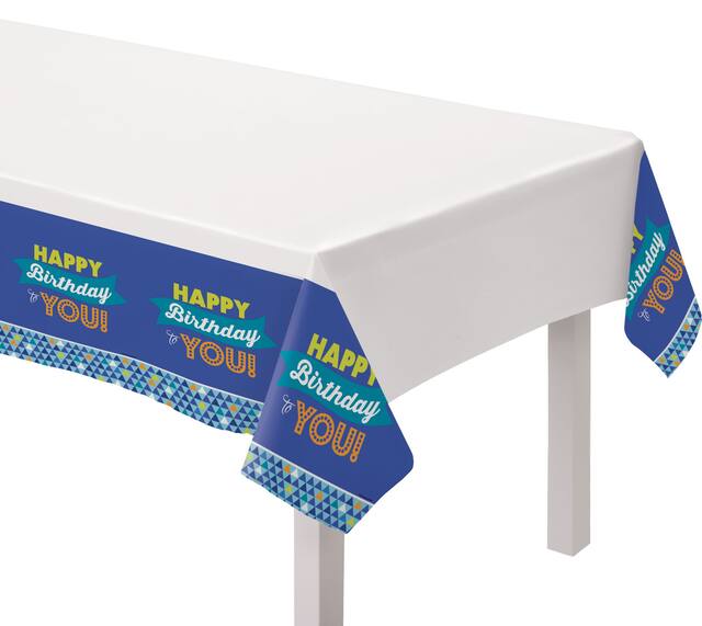 Birthday Party Plastic Table Cover, Blue/White CloseUp