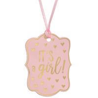 "It's a Girl" Gift Wrapping Paper Tags, Pink/Gold, Hearts, 3-in, 25-pk, for Baby Shower/Gender Reveal Front_Flat