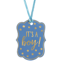 "It's a Boy" Gift Wrapping Paper Tags, Blue/Gold, Stars, 3-in, 25-pk, for Baby Shower/Gender Reveal Front_Flat