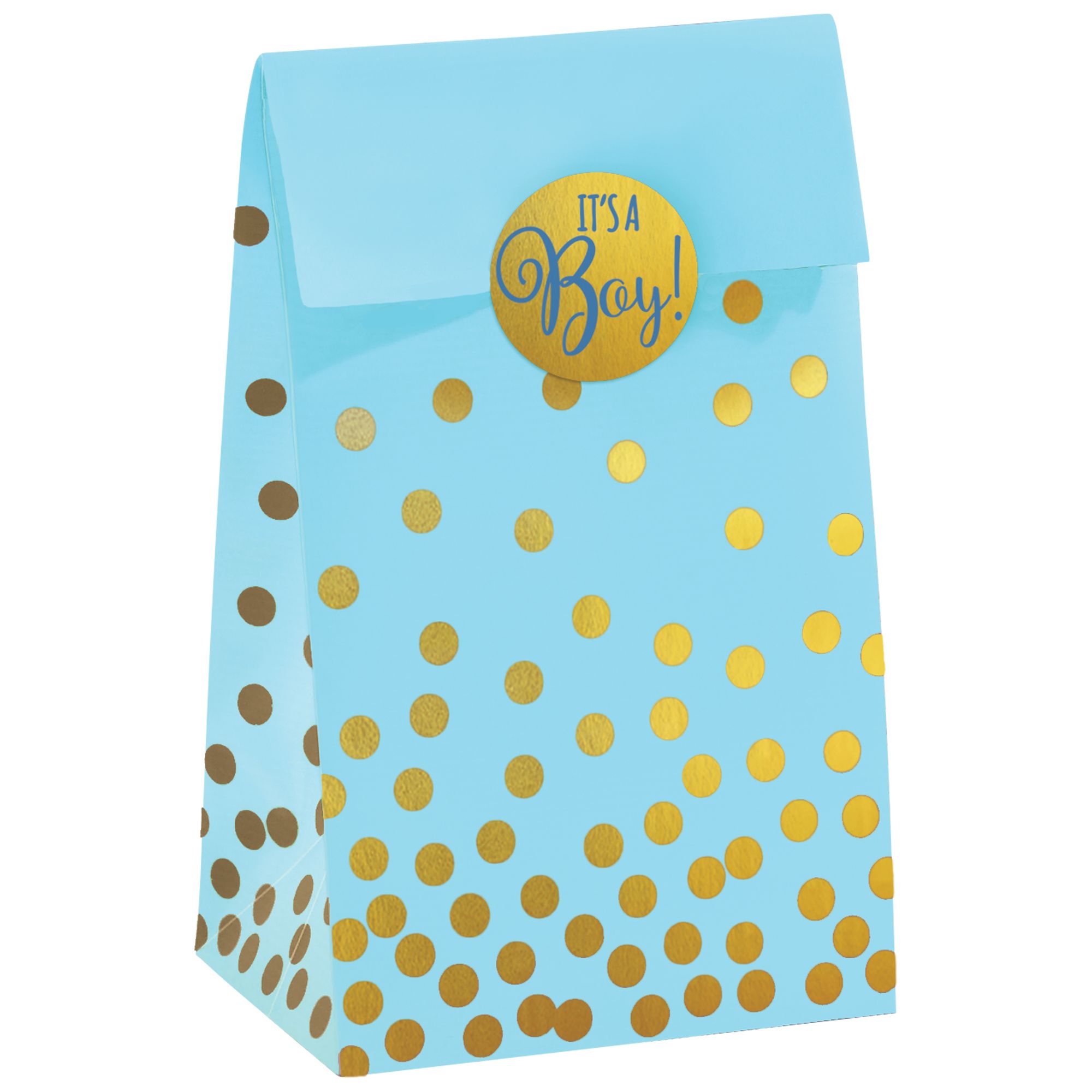 "It's a Boy" Rectangle Paper Party Treat Bags, Blue/Gold, Polka Dots, 6.5-in, 20-pk, for Gender Reveal/Baby Shower Front_Angled_Right