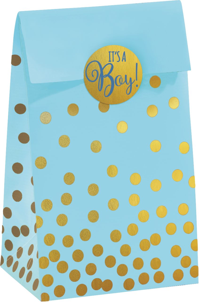 "It's a Boy" Rectangle Paper Party Treat Bags, Blue/Gold, Polka Dots, 6.5-in, 20-pk, for Gender Reveal/Baby Shower Front_Angled_Right