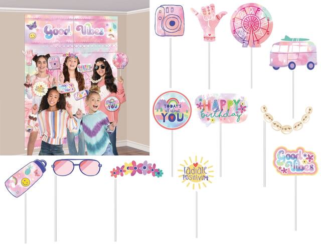 Festival Vibes "Good Vibes" Plastic Scene Setter Background Decoration with Photo Booth Props, Pink/Purple, 14.5-in, 12-pk, for Birthday Party Front_Flat