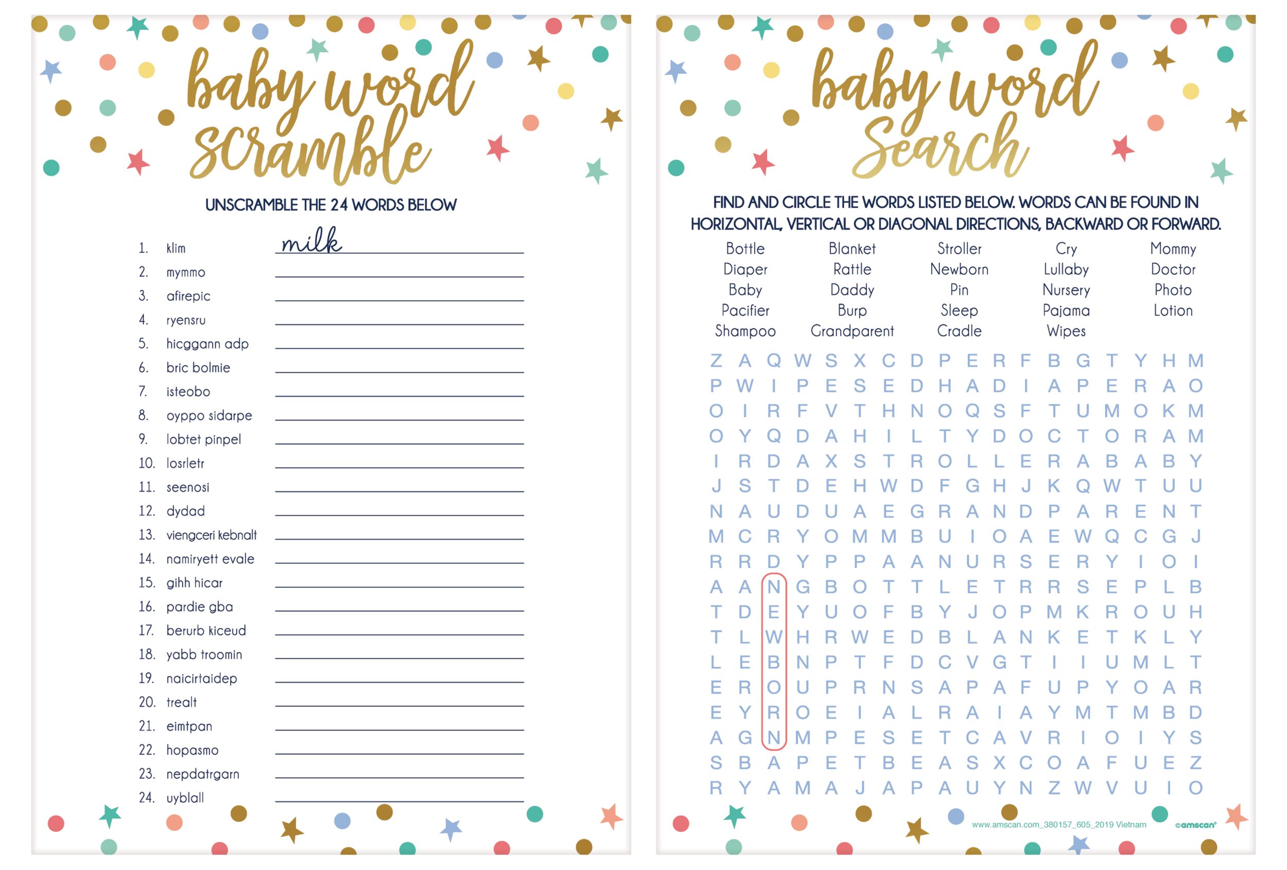 Jeu de mots Pois et étoiles/Jeu de recherche de fête prénatale Front_Flat