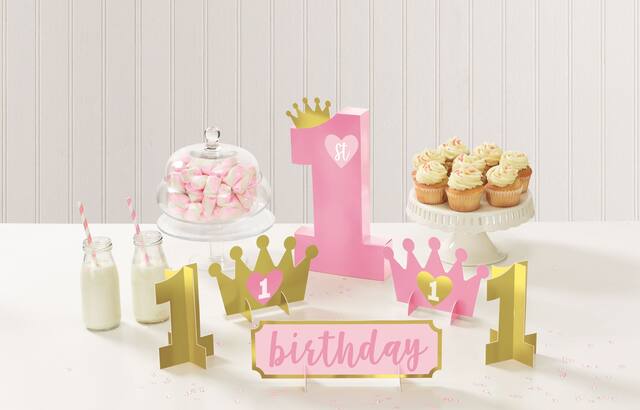 "1st Birthday" Sign Table Centerpiece Decorations, Pink/Gold, 13-in, 6-pk, for Birthday Party Composite_or_Mixed