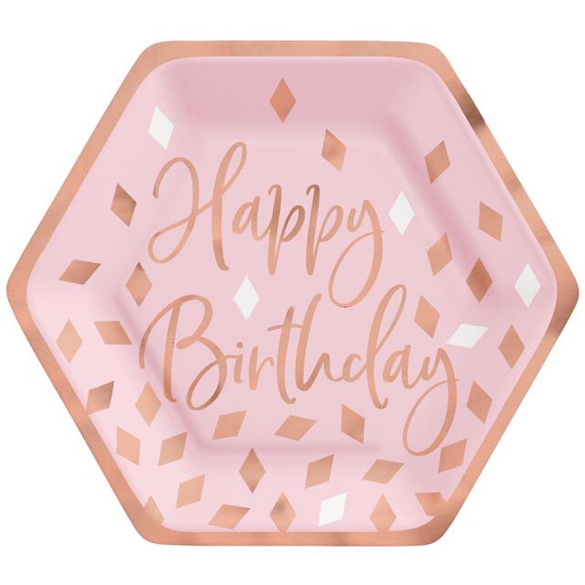 Blush Birthday "Happy Birthday" Hexagon Paper Disposable Lunch Plates,Pink/Rose Gold, 7-in, 8-pk, for Birthday/Bachelorette Overhead_Flat