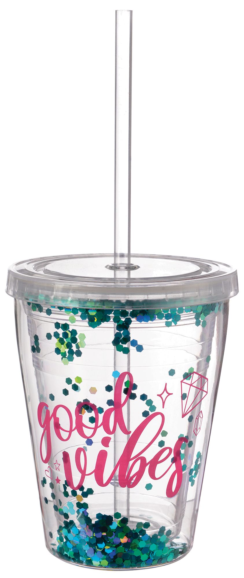 "Good Vibes" Double Wall Reusable Plastic Tumbler with Straw, Clear/Pink/Green, Sparkle, 12-oz, for Birthday Party Front_Elevated