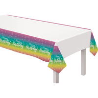 Sparkle "Happy Birthday" Rectangle Plastic Reusable Table Cover, White/Multi-Coloured, 54x96-in, for Birthday Party Front_Angled_Left