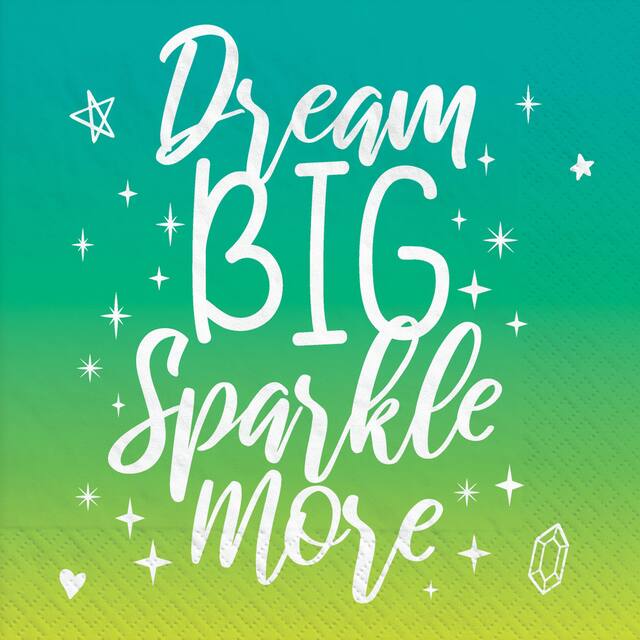 Sparkle "Dream Big Sparkle More" Square Paper Disposable Beverage Napkins, Green, 5-in, 16-pk, 2-ply, for Birthday Party Overhead_Flat