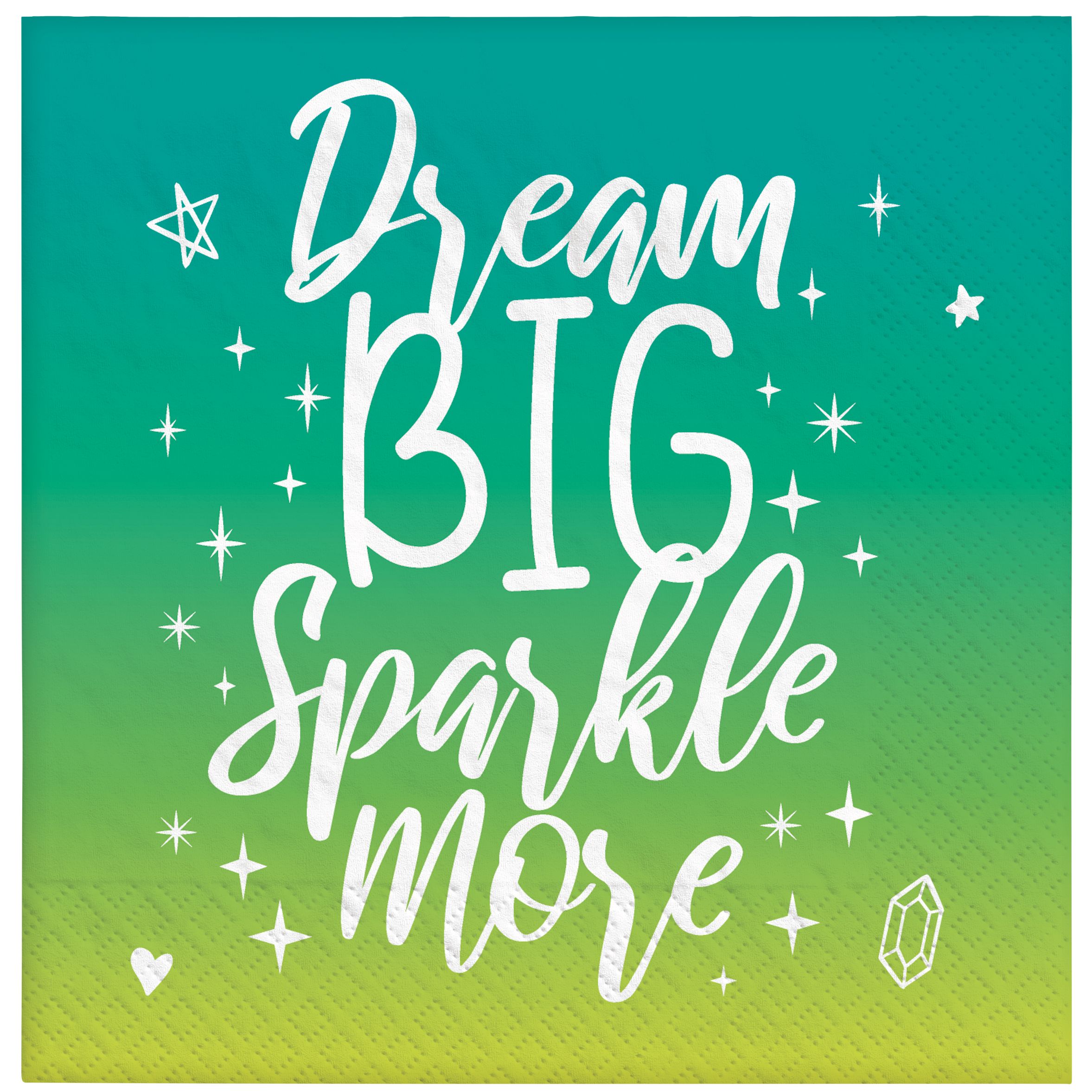 Sparkle "Dream Big Sparkle More" Square Paper Disposable Beverage Napkins, Green, 5-in, 16-pk, 2-ply, for Birthday Party Overhead_Flat