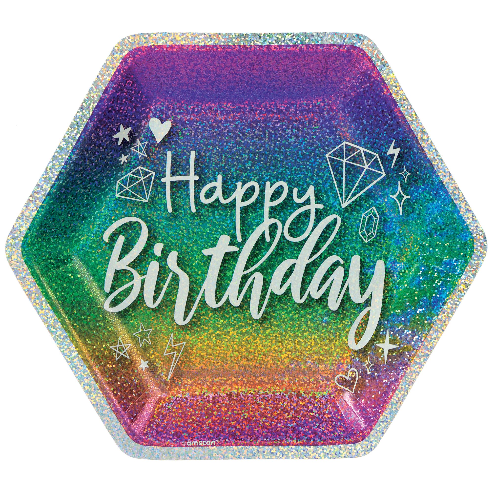 Prismatic Sparkle "Happy Birthday" Hexagon Paper Disposable Lunch Plates,Multi-Coloured, 9-in, 18-pk, for Birthday Party Overhead_Flat