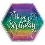 Prismatic Sparkle "Happy Birthday" Hexagon Paper Disposable Lunch Plates,Multi-Coloured, 9-in, 18-pk, for Birthday Party Overhead_Flat