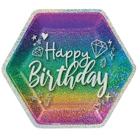 Assiettes à dîner jetables en papier pour fête d'anniversaire hexagonales prismatique scintillant, 9 po, paq. 8 Overhead_Flat