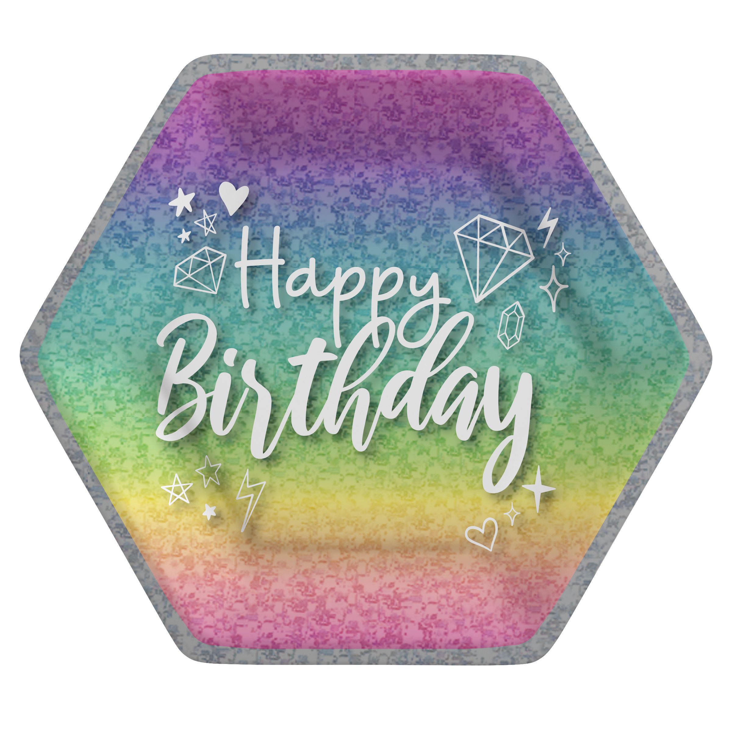 Prismatic Sparkle "Happy Birthday" Hexagon Paper Disposable Lunch Plates,Multi-Coloured, 9-in, 18-pk, for Birthday Party Overhead_Flat