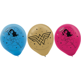 DC Wonder Woman Round Latex Balloons, Blue/Gold/Red, 12-in, 6-pk, for Birthday Party Front_Flat