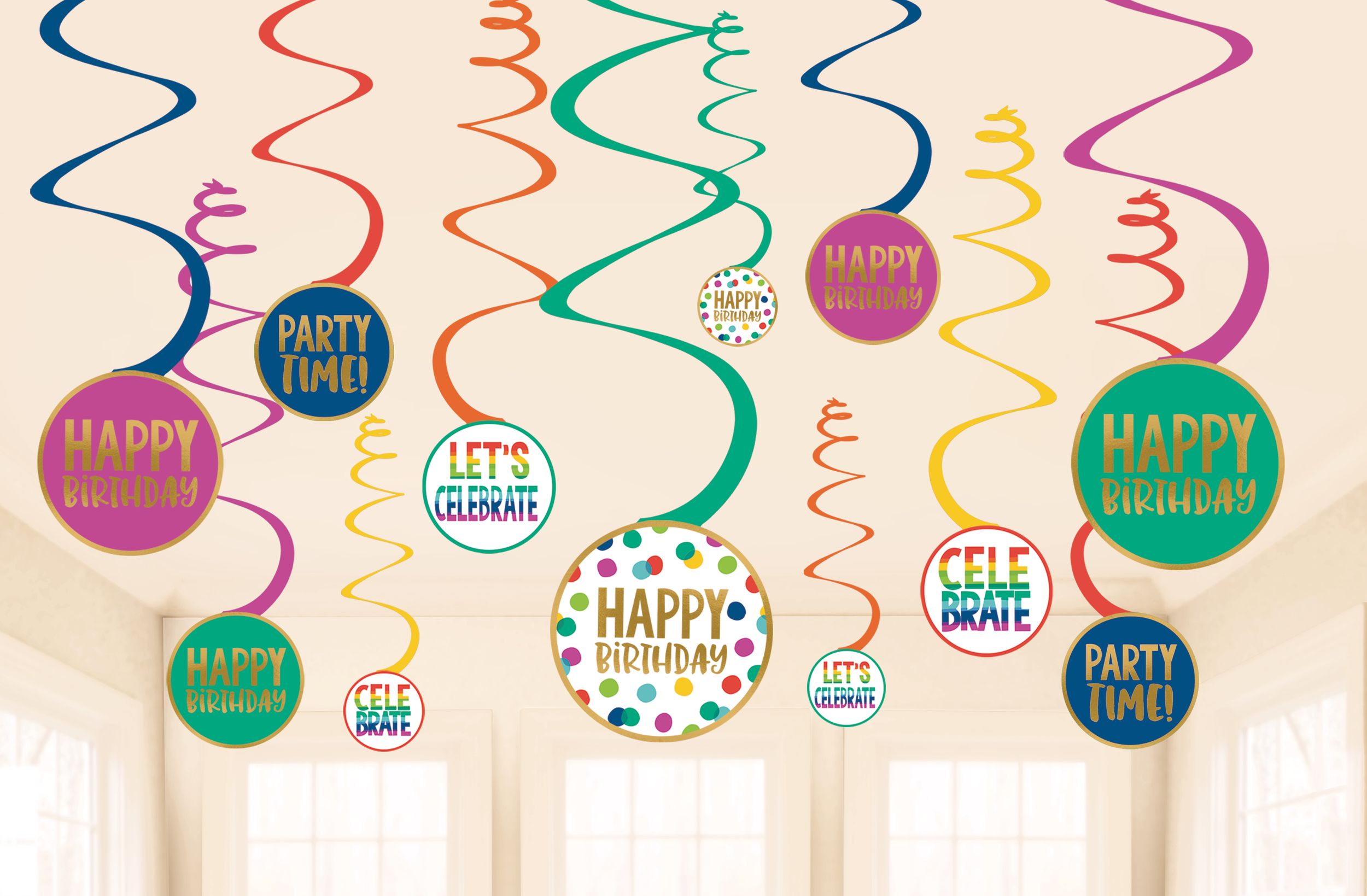 Multi-Coloured & Metallic Gold Happy Dots Birthday Swirl Decorations Front_Flat
