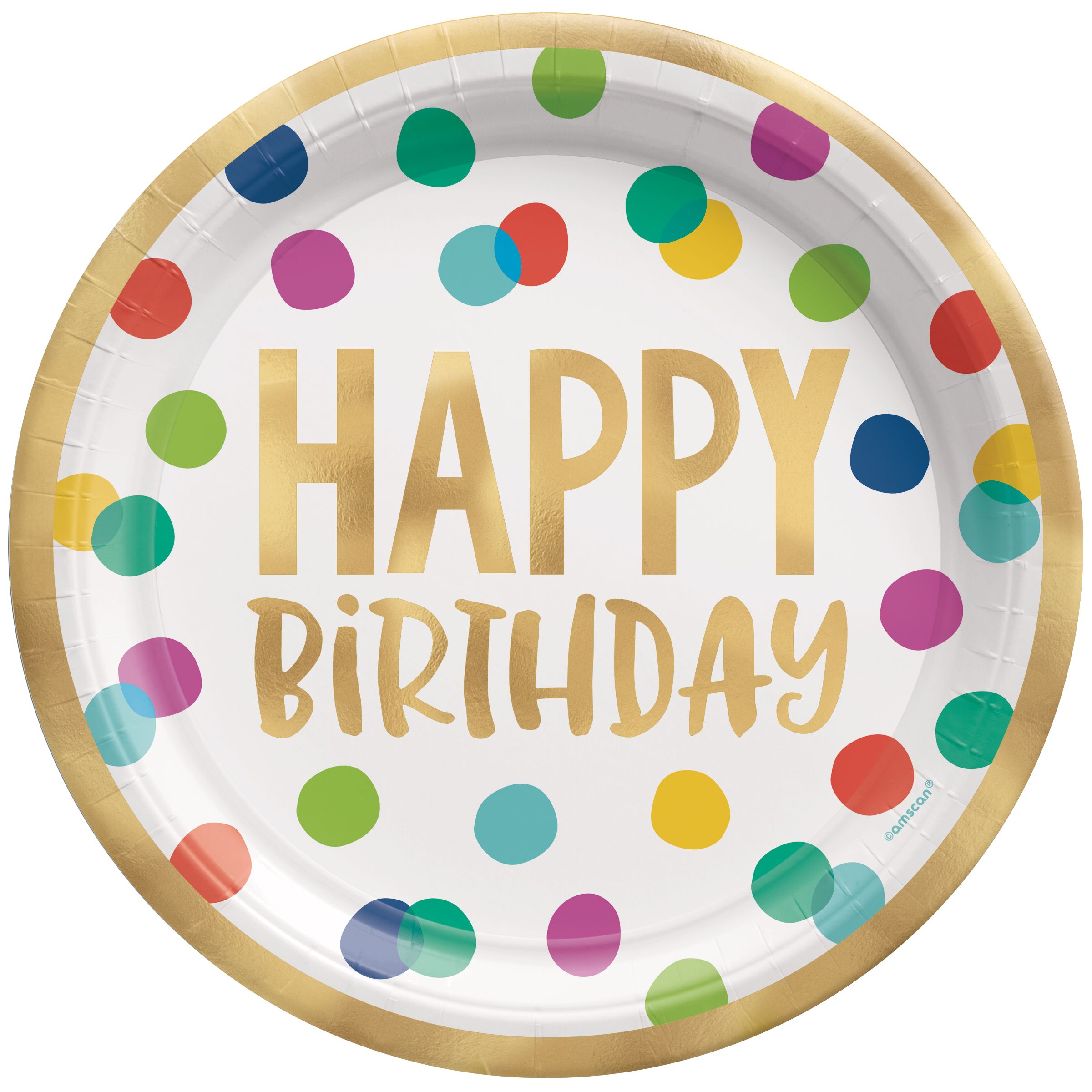 Multicolour Metallic Happy Dots Birthday Dinner Plates, 8-pk Overhead_Flat