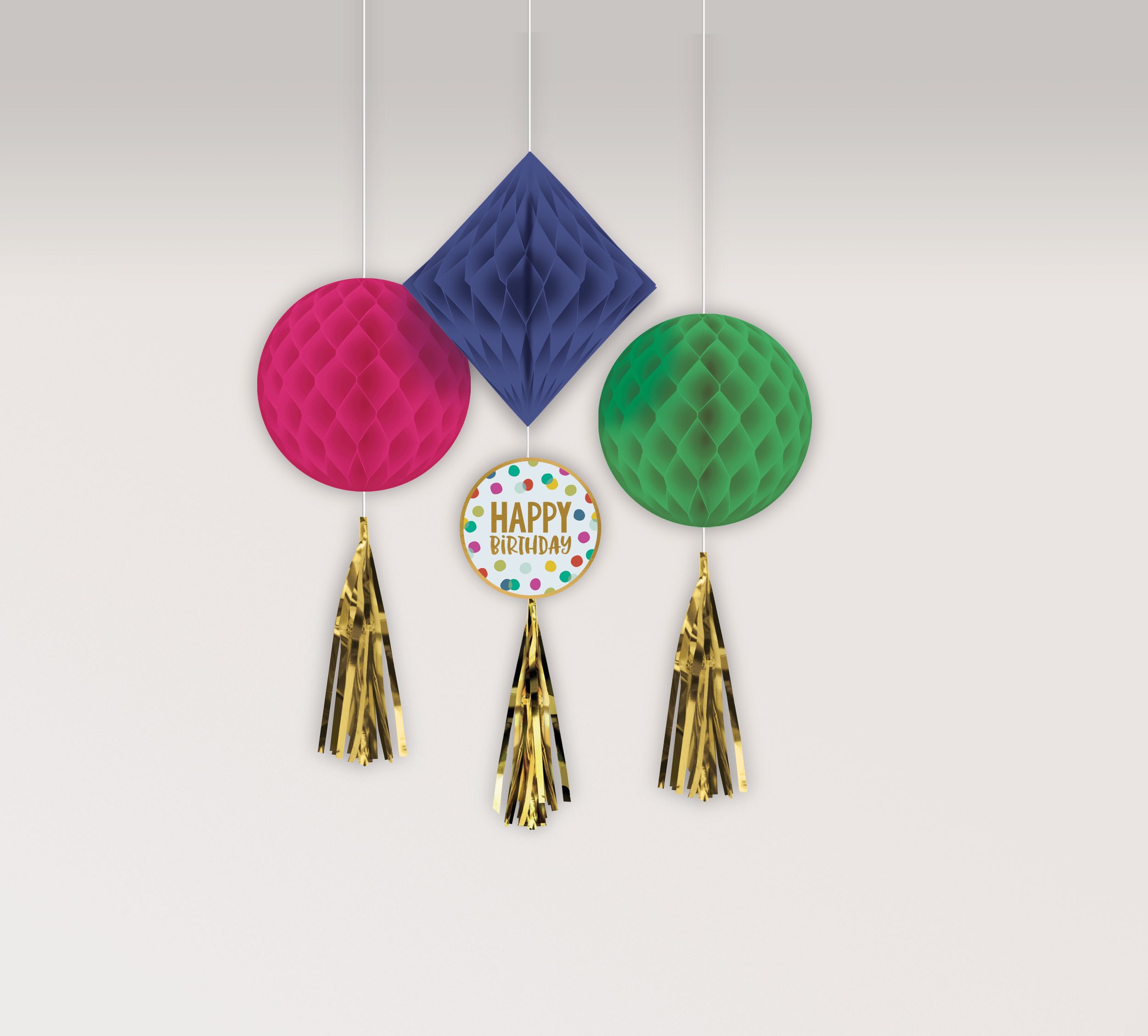 Multicolour & Metallic Gold Happy Birthday Honeycomb Decorations, 3-pk Front_Flat