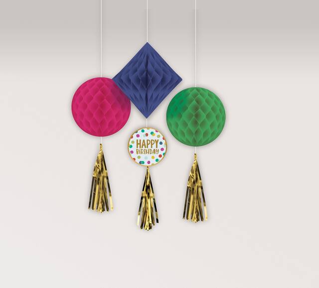 Boules alvéolées Happy Birthday multicolores et doré métallique, paq. 3 Front_Flat