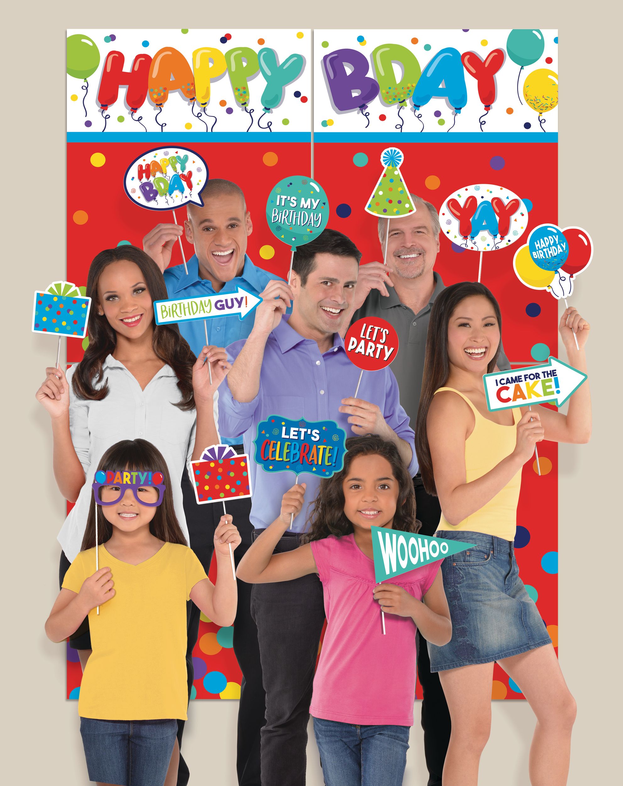 Birthday Balloon "Happy Bday" Plastic Scene Setter Background Decoration with Photo Booth Props, Red/Blue, 40-in, 22-pk, for Birthday Party Front_Flat