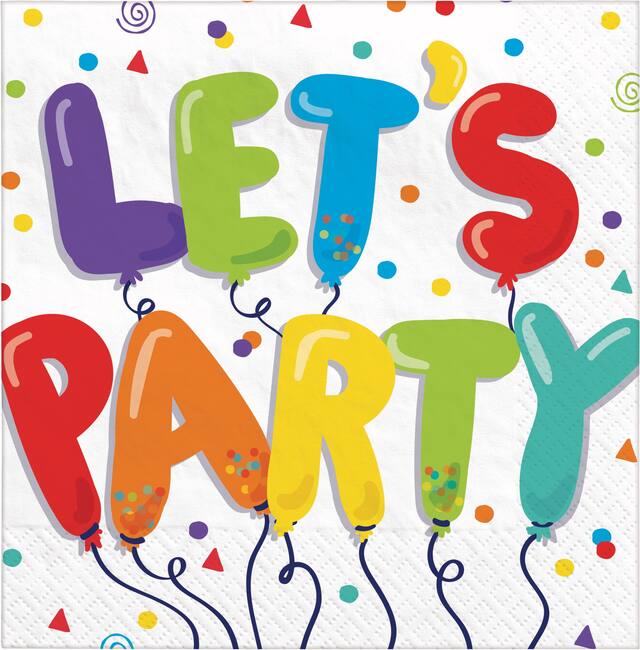 Balloon Birthday "Let's Party" Square Paper Disposable Beverage Napkins, Multi-Coloured, 5-in, 36-pk, 2-ply, for Birthday Party Overhead_Flat