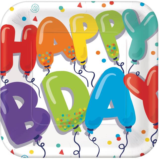 Balloon Birthday "Happy Bday" Square Paper Disposable Lunch Plates, Multi-Coloured, 9-in, 18-pk, for Birthday Party Overhead_Flat