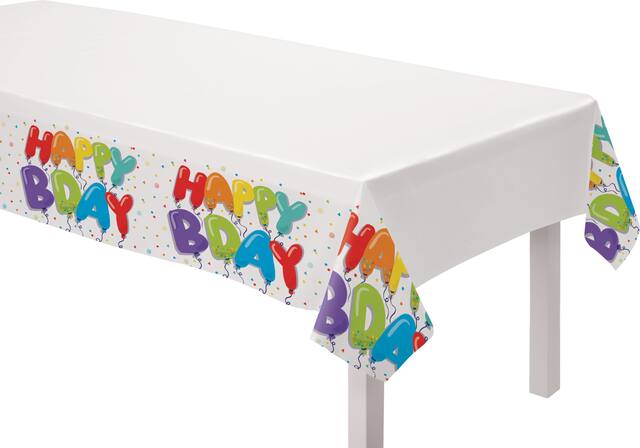 Balloon Birthday "Happy Bday" Rectangle Plastic Reusable Table Cover, White/Multi-Coloured, 54x102-in, for Birthday Party CloseUp