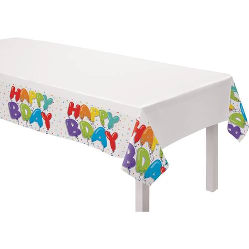 Balloon Birthday "Happy Bday" Rectangle Plastic Reusable Table Cover, White/Multi-Coloured, 54x102-in, for Birthday Party