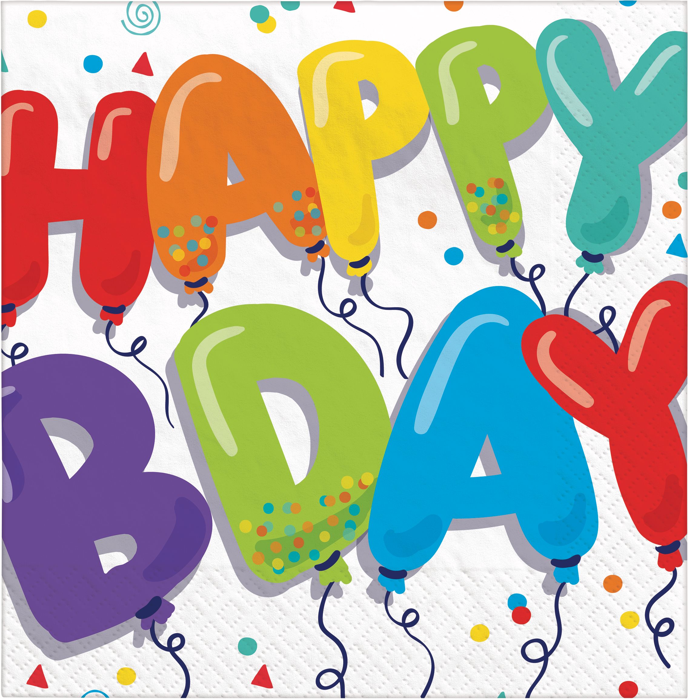 Balloon Birthday "Happy Bday" Square Paper Disposable Lunch Napkins, Multi-Coloured, 6.5-in, 36-pk, 2-ply, for Birthday Party Overhead_Flat
