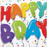 Balloon Birthday "Happy Bday" Square Paper Disposable Lunch Napkins, Multi-Coloured, 6.5-in, 36-pk, 2-ply, for Birthday Party Front_Flat