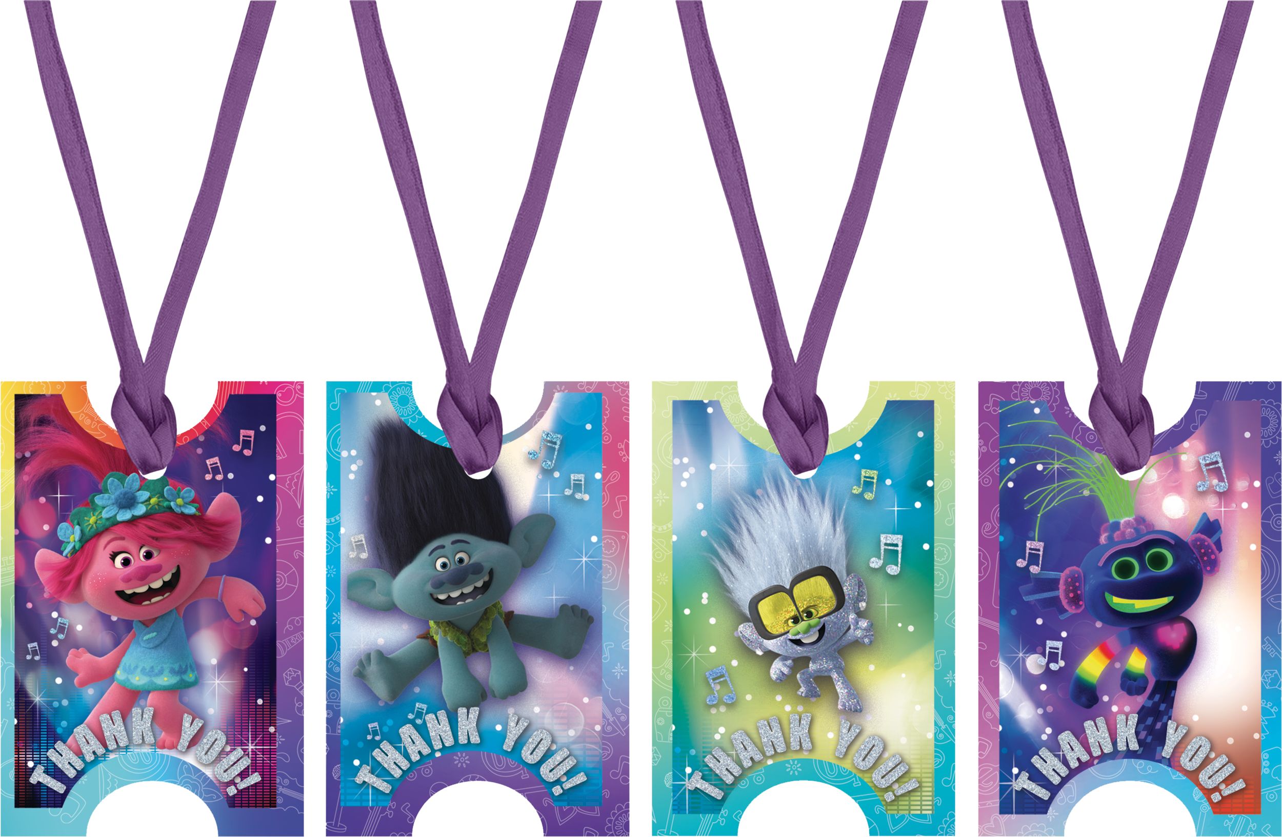 Étiquettes de remerciement pour fête d'anniversaire Trolls Tournée mondiale, paq. 8 Front_Flat