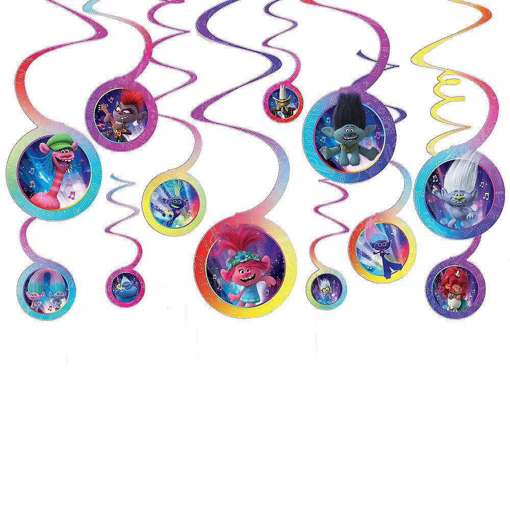 Trolls Swirl Hanging Decorations, Multi-Coloured, 10-in, 12-pk, for Birthday Party Front_Flat