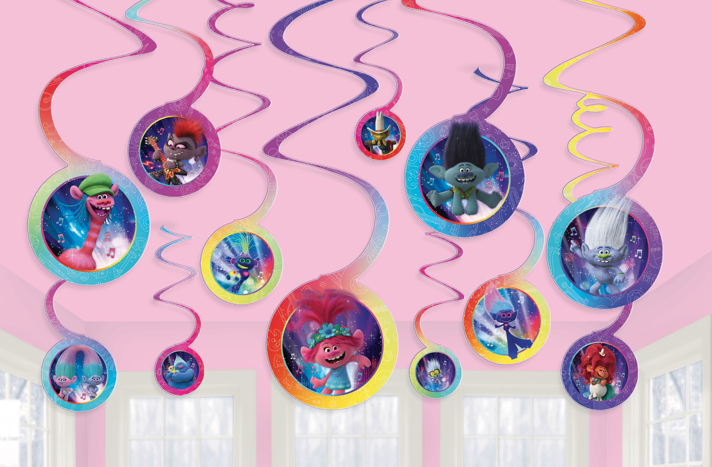 Trolls Swirl Hanging Decorations, Multi-Coloured, 10-in, 12-pk, for Birthday Party Composite_or_Mixed