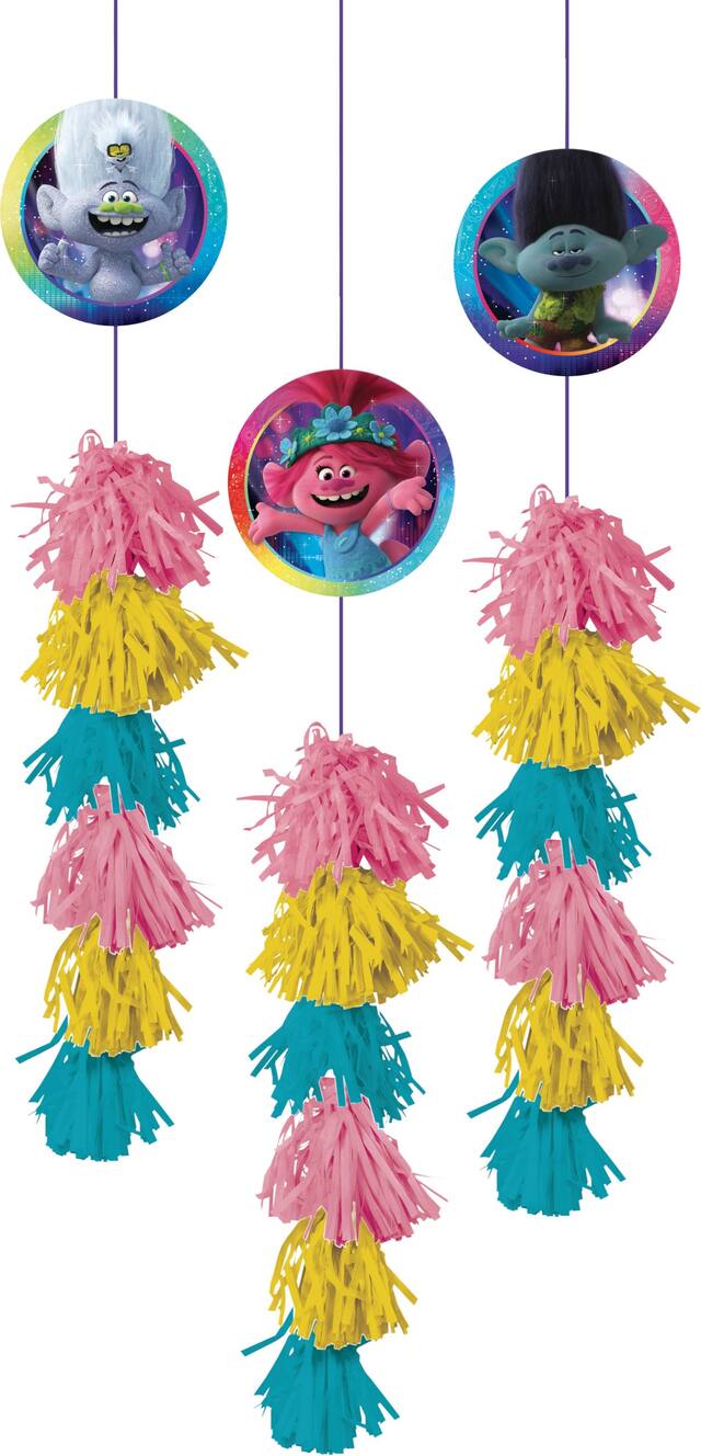 Décorations à pampilles pour fête d'anniversaire Trolls Tournée mondiale, paq. 3 Front_Flat