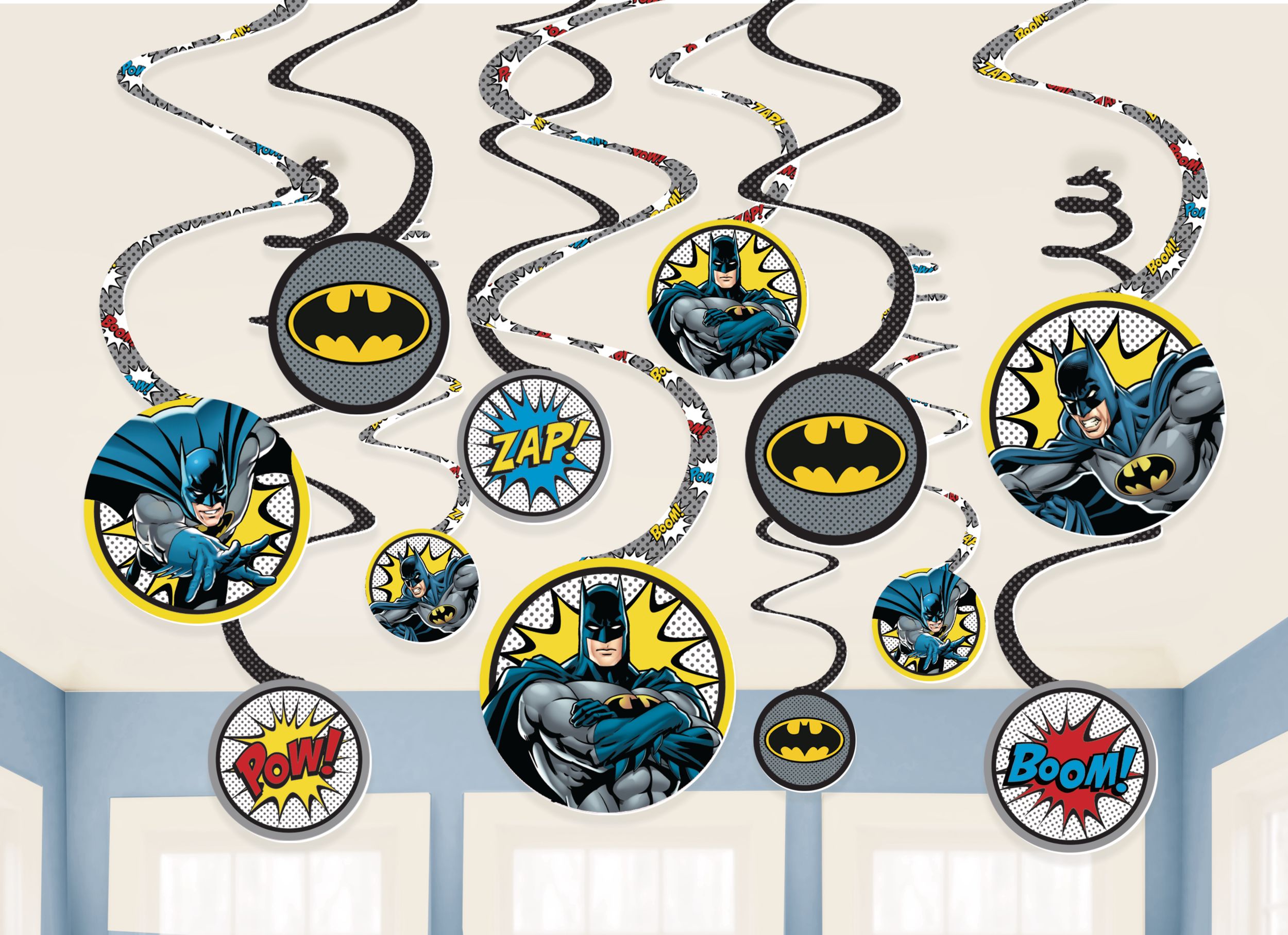DC Justice League "Zap Pow Boom" Batman Swirl Hanging Decorations, Black/Yellow, 10-in, 12-pk, for Birthday Party Composite_or_Mixed