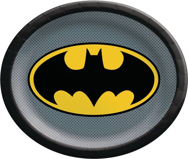 DC Justice League Batman Oval Paper Disposable Dinner Plates, Black/Yellow, 12-in, 8-pk, for Birthday Party Overhead_Flat