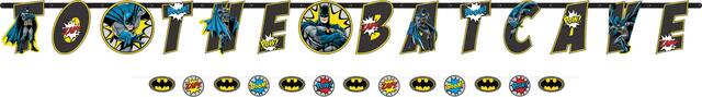 DC Justic League "Happy Birthday"  Batman Hanging Garland Banner Decoration, Black/Blue/Yellow, 10.5-ft,  2-pk, for Birthday Party Front_Flat