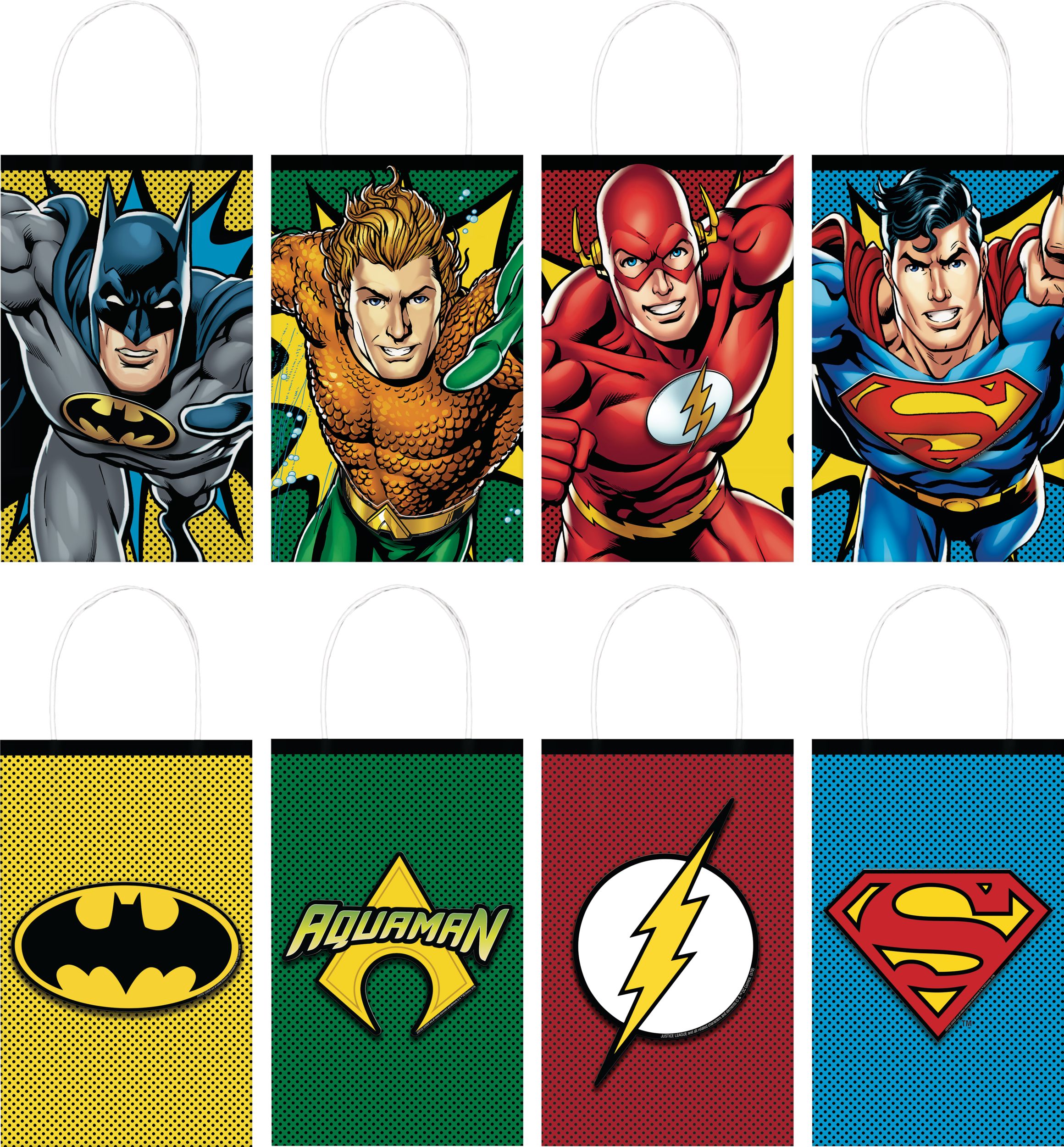 DC Justice League Superman/Flash/Aquaman/Batman Create Your Own Customizable Paper Kraft Gift Bags, Blue/Red/Yellow, 8.5-in, 8-pk, for Birthday Party Composite_or_Mixed