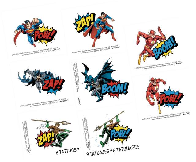 DC Justice League "Boom!" Superman/Batman/Flash Assorted Temporary Tattoos, Red/Blue, 8-pk, Wearable Favours  for Birthdays Front_Flat